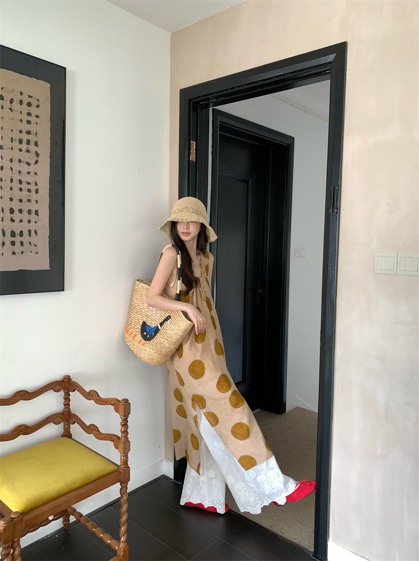 CGA9278-120B 復古感波點無袖背心裙百搭疊穿蕾絲長褲套裝