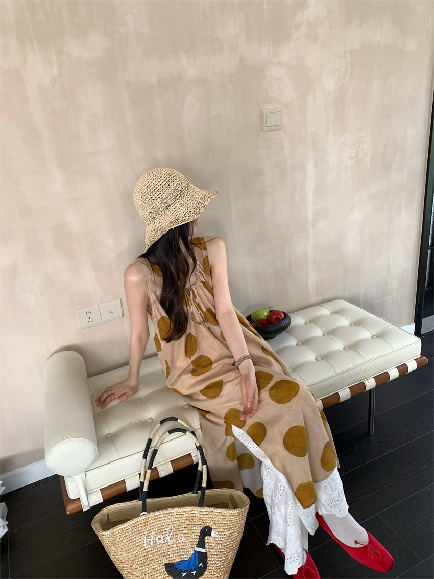 CGA9278-120B 復古感波點無袖背心裙百搭疊穿蕾絲長褲套裝