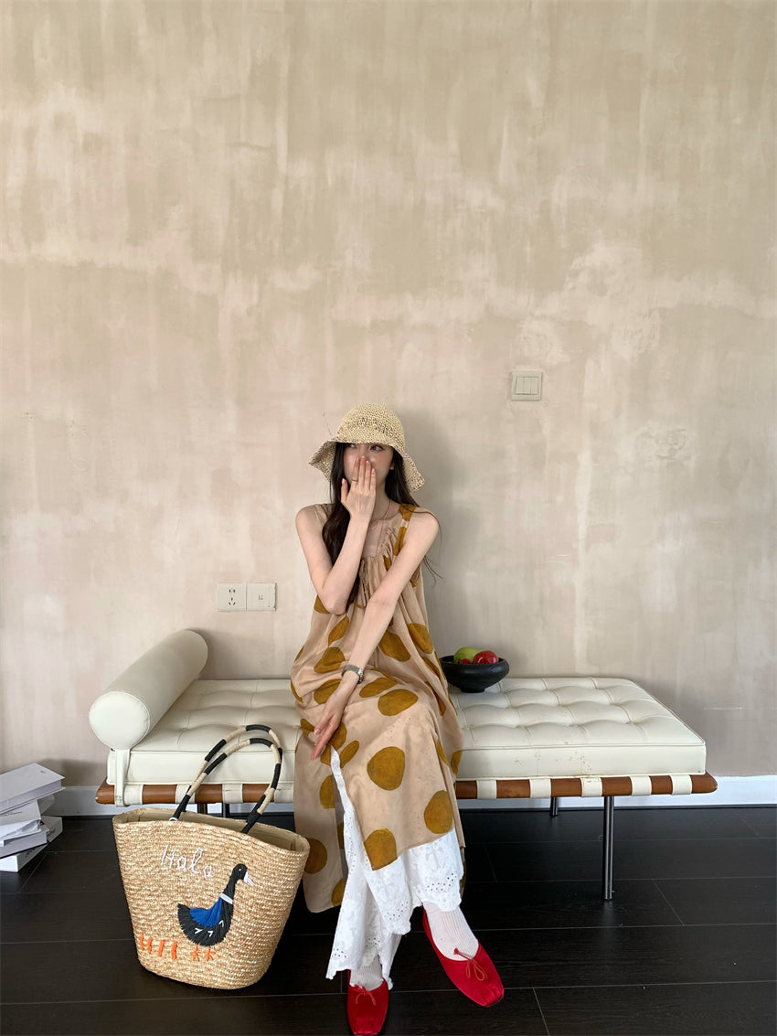 CGA9278-120B 復古感波點無袖背心裙百搭疊穿蕾絲長褲套裝