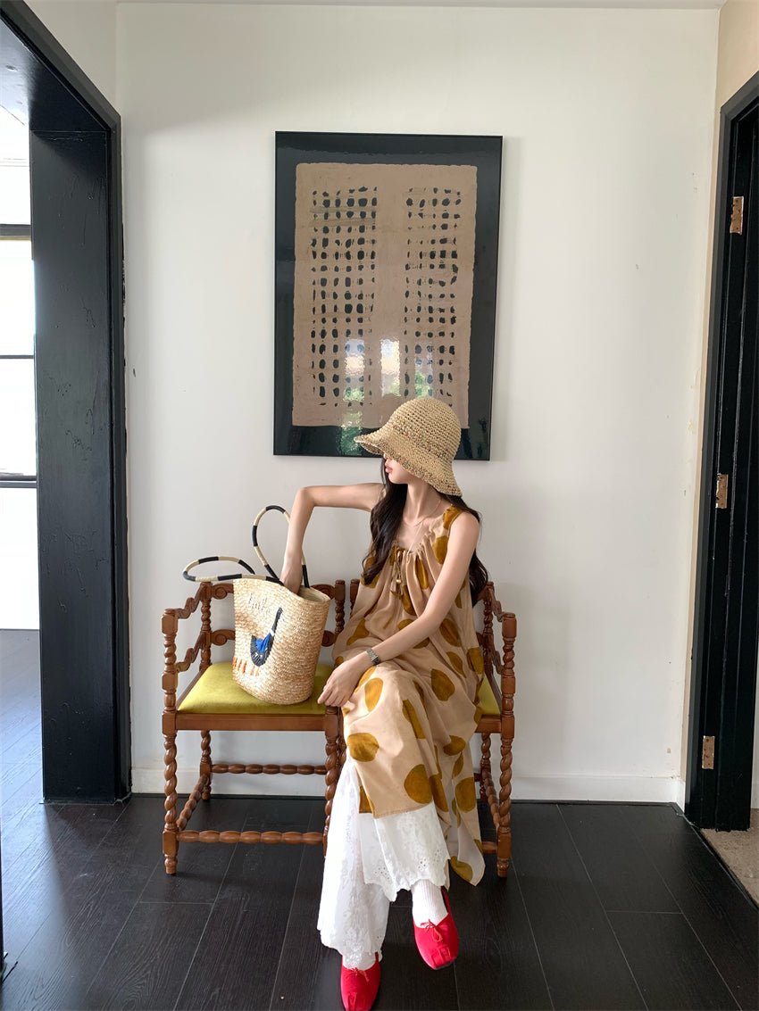 CGA9278-120B 復古感波點無袖背心裙百搭疊穿蕾絲長褲套裝