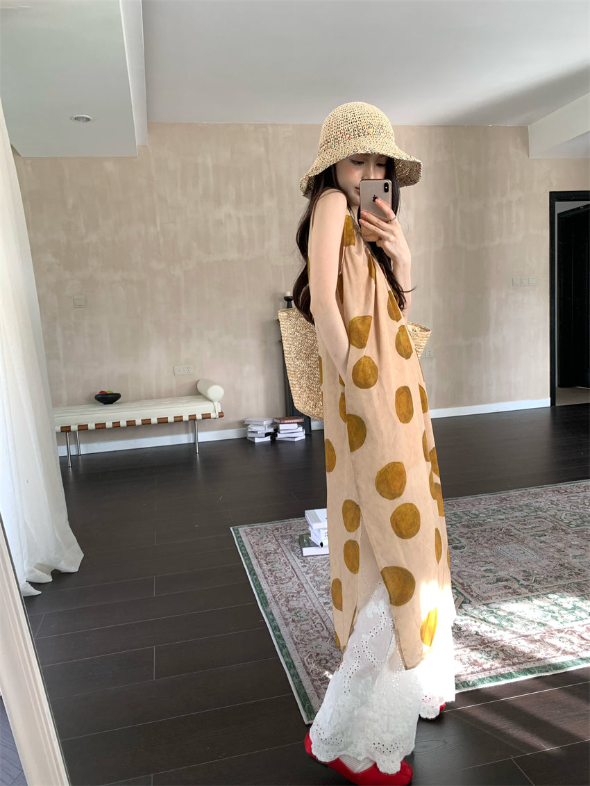 CGA9278-120B 復古感波點無袖背心裙百搭疊穿蕾絲長褲套裝