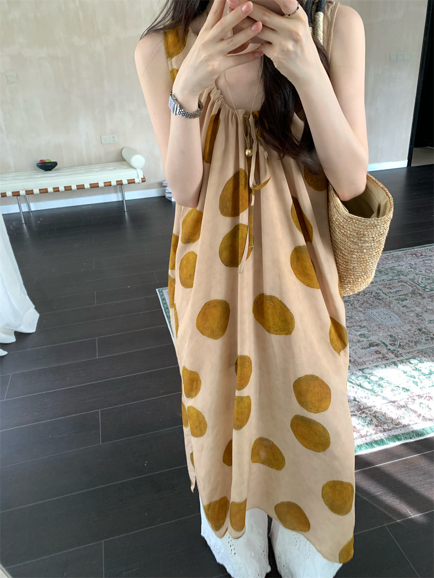 CGA9278-120B 復古感波點無袖背心裙百搭疊穿蕾絲長褲套裝