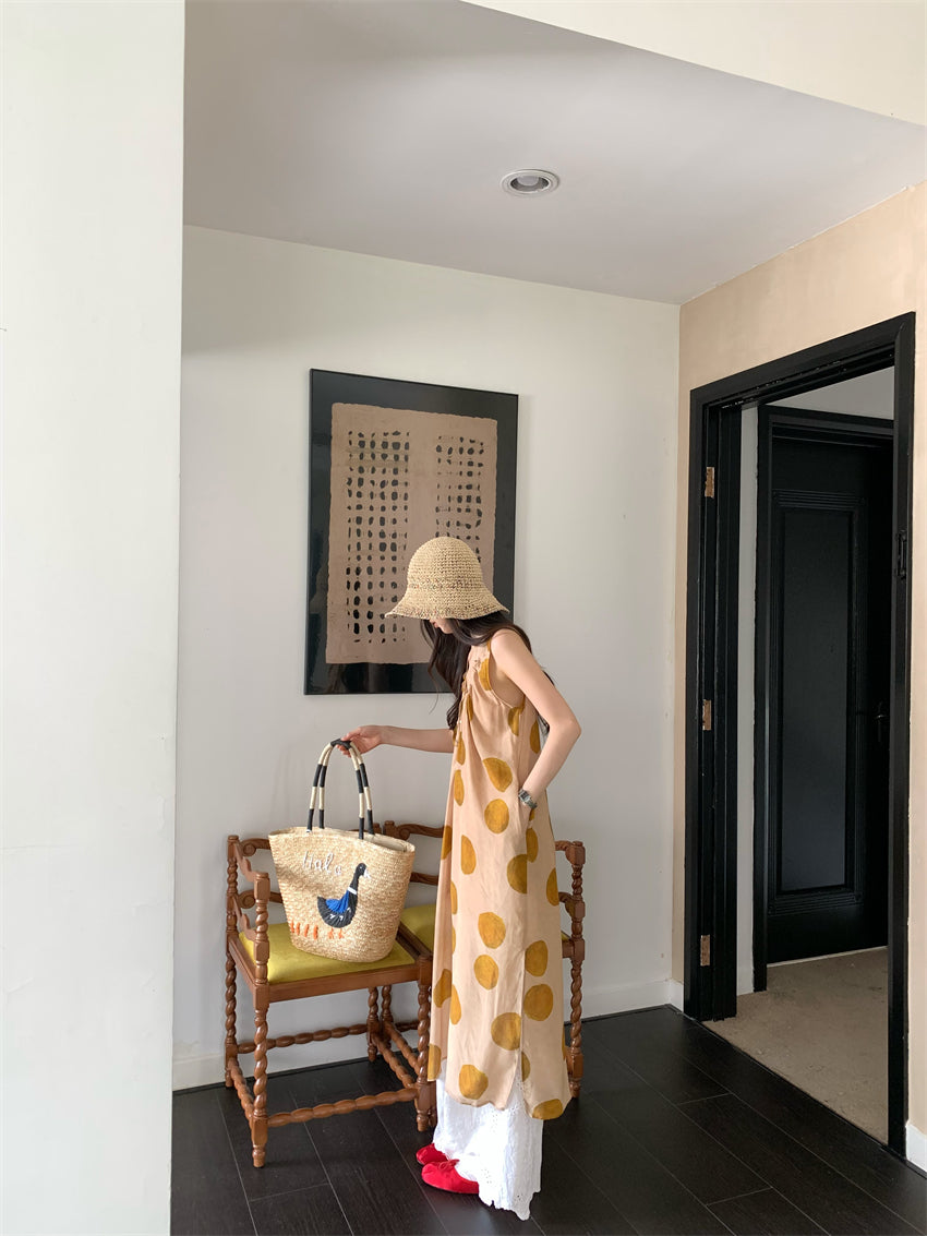 CGA9278-120B 復古感波點無袖背心裙百搭疊穿蕾絲長褲套裝