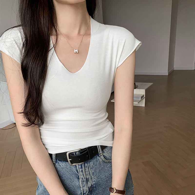 CGE240120-45B 小眾V領落肩短袖T恤(2色)