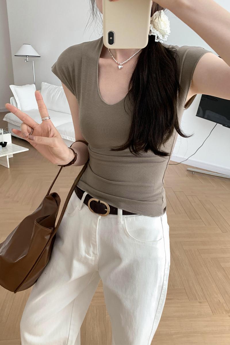 CGE240120-45B 小眾V領落肩短袖T恤(2色)