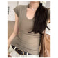 CGE240120-45B 小眾V領落肩短袖T恤(2色)