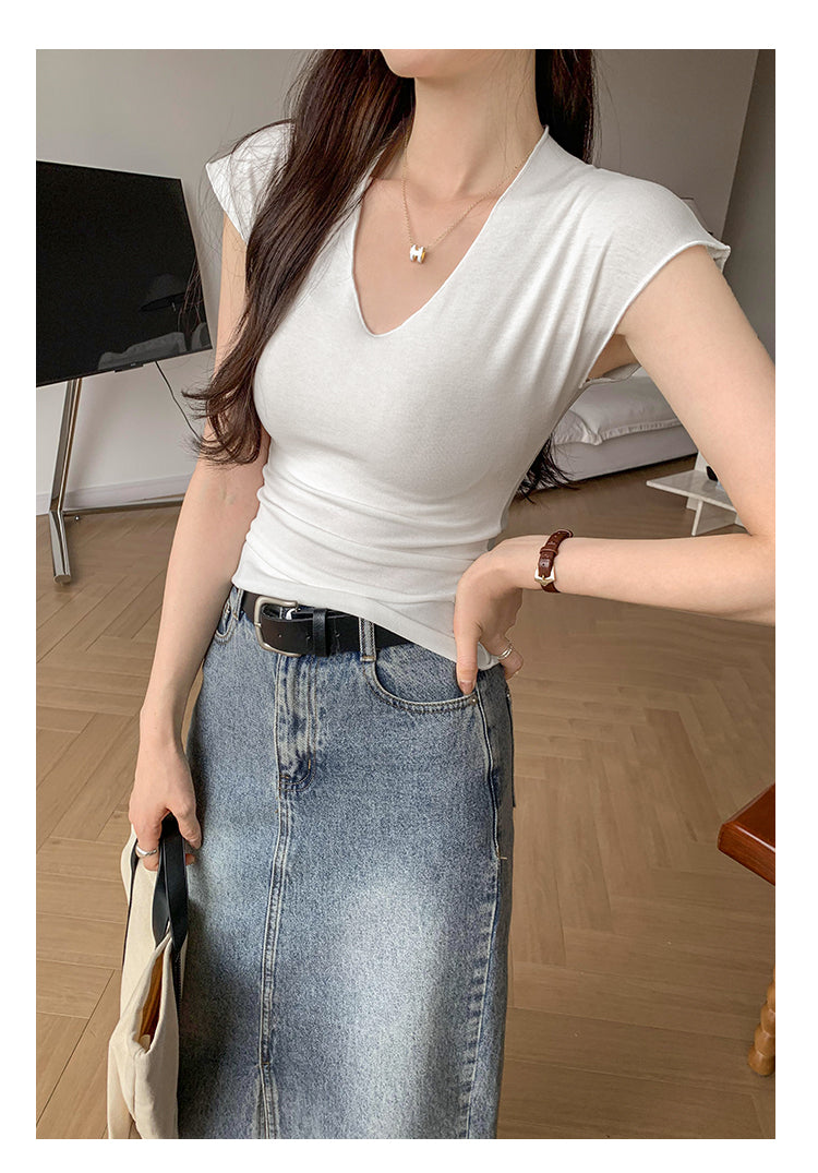CGE240120-45B 小眾V領落肩短袖T恤(2色)