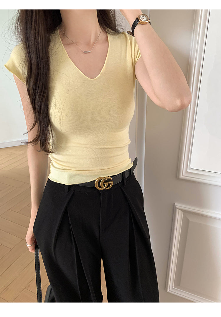 CGE240120-45B 小眾V領落肩短袖T恤(2色)