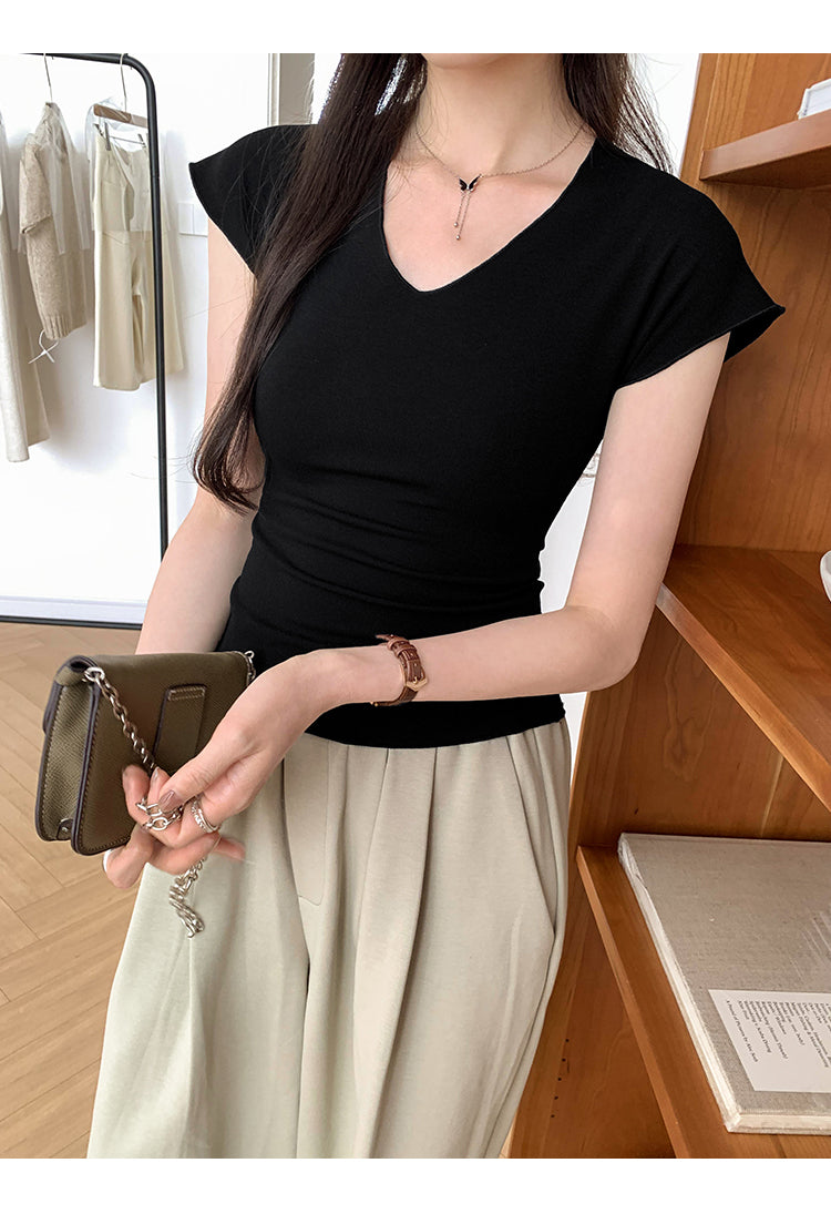 CGE240120-45B 小眾V領落肩短袖T恤(2色)