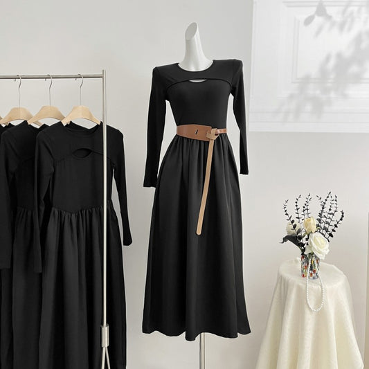 📺︎︎ CGBMD1280-41B 秋季修身純色長裙配腰帶連衣裙