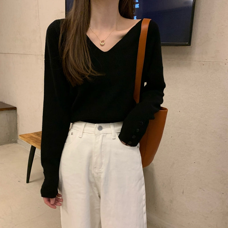 CGD9226-56B 秋冬寬鬆V領毛衣長袖套頭針織衫(5色)
