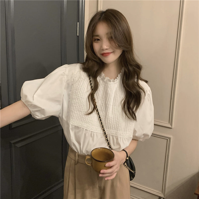 CGE1495-5B 氣質短袖上衣女小眾設計感白色泡泡袖襯衫