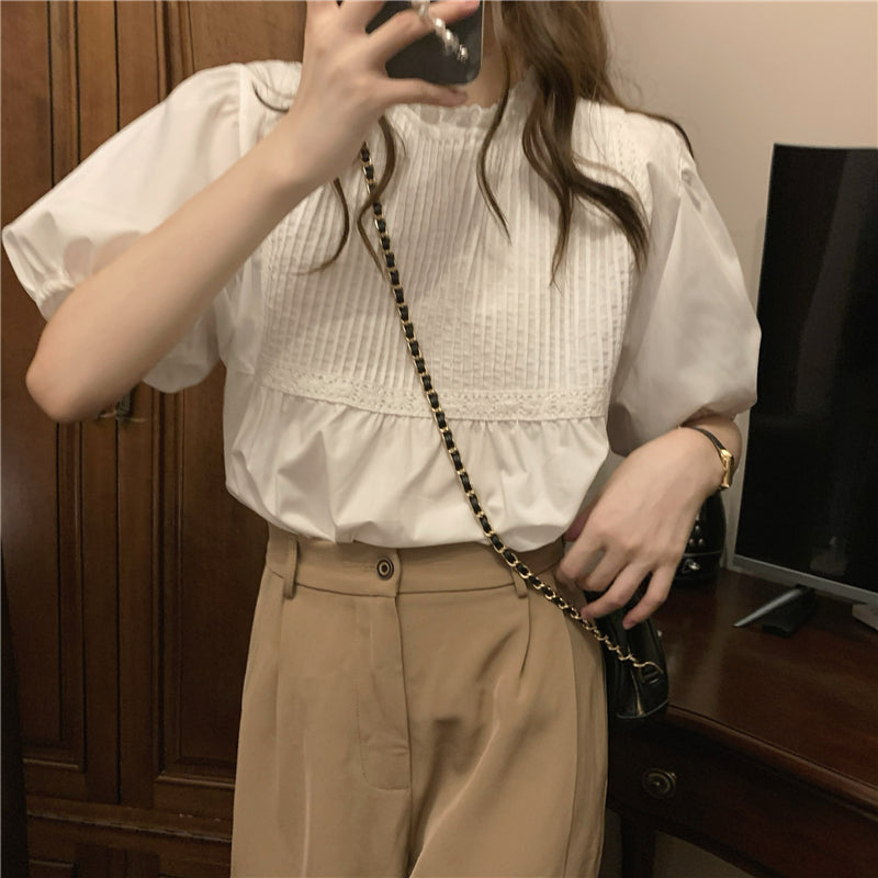 CGE1495-5B 氣質短袖上衣女小眾設計感白色泡泡袖襯衫