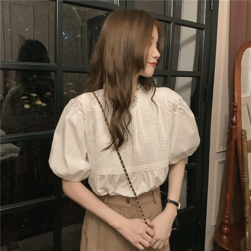CGE1495-5B 氣質短袖上衣女小眾設計感白色泡泡袖襯衫