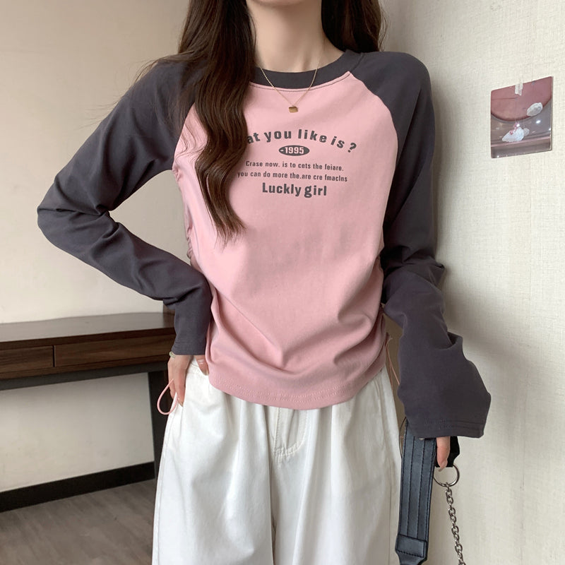 CGD7110-123B 復古長袖T恤春秋季插肩袖修身印花短款上衣(3色)