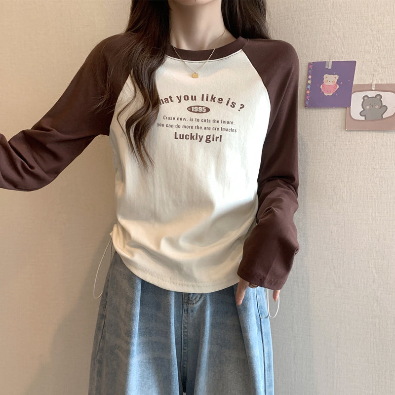 CGD7110-123B 復古長袖T恤春秋季插肩袖修身印花短款上衣(3色)