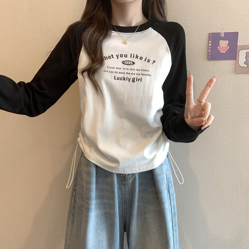 CGD7110-123B 復古長袖T恤春秋季插肩袖修身印花短款上衣(3色)