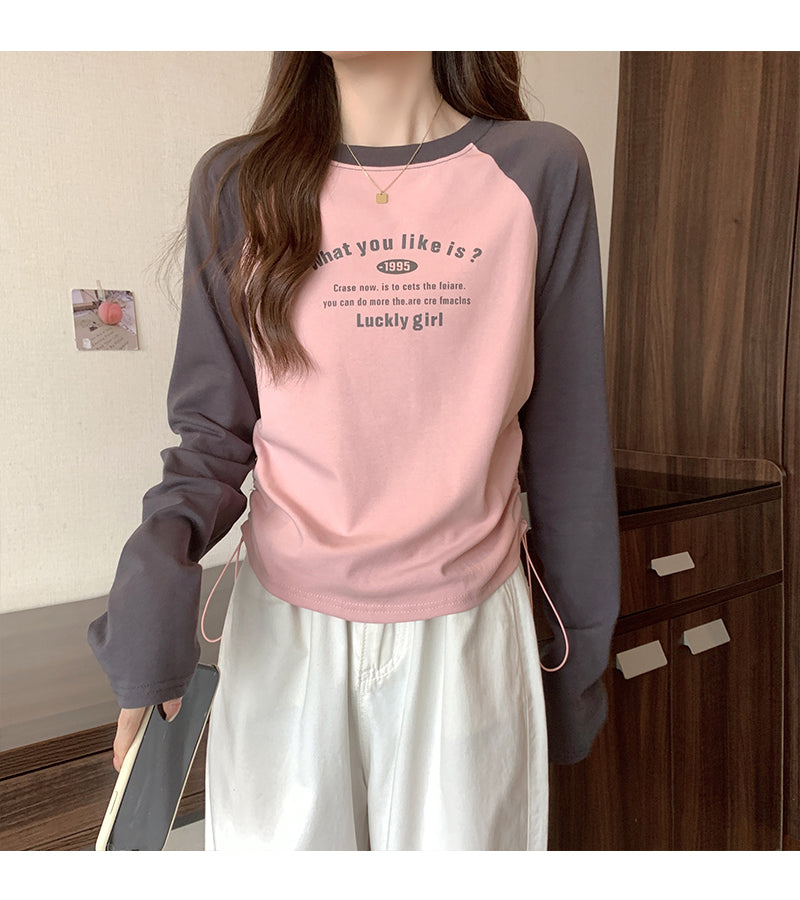 CGD7110-123B 復古長袖T恤春秋季插肩袖修身印花短款上衣(3色)
