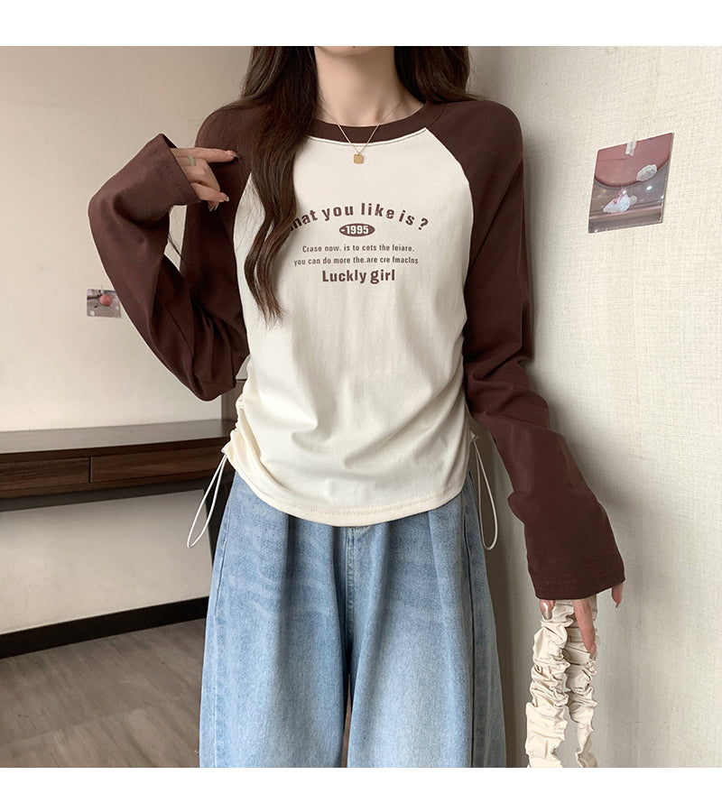 CGD7110-123B 復古長袖T恤春秋季插肩袖修身印花短款上衣(3色)