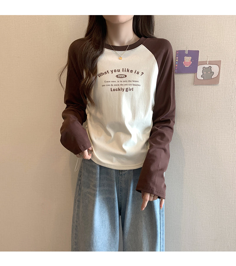 CGD7110-123B 復古長袖T恤春秋季插肩袖修身印花短款上衣(3色)