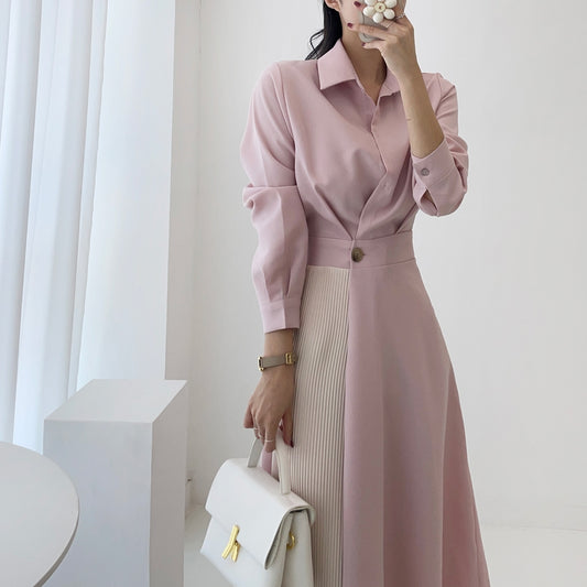 CGB7735-85B 秋季拼色收腰顯瘦襯衫連衣裙(3色)