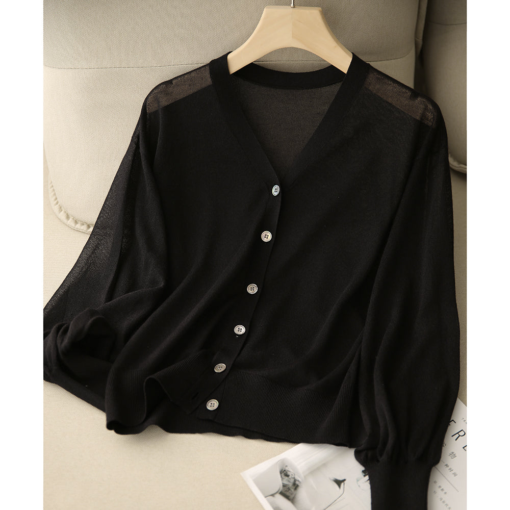 CGCA1338-67B 薄款V領泡泡袖針織春季防曬衫上衣(3色)