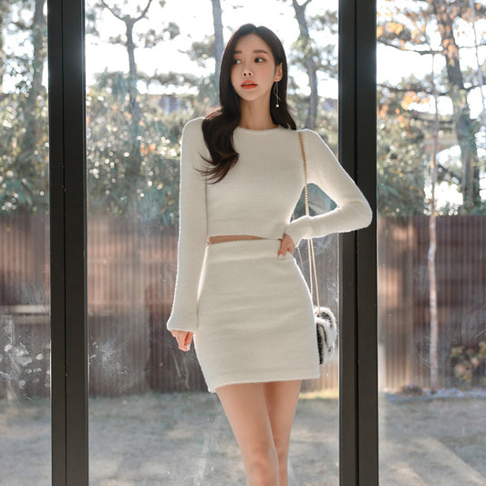 CGB8750-31B 春裝圓領長袖短針織上衣小衫+包臀短裙(2色)