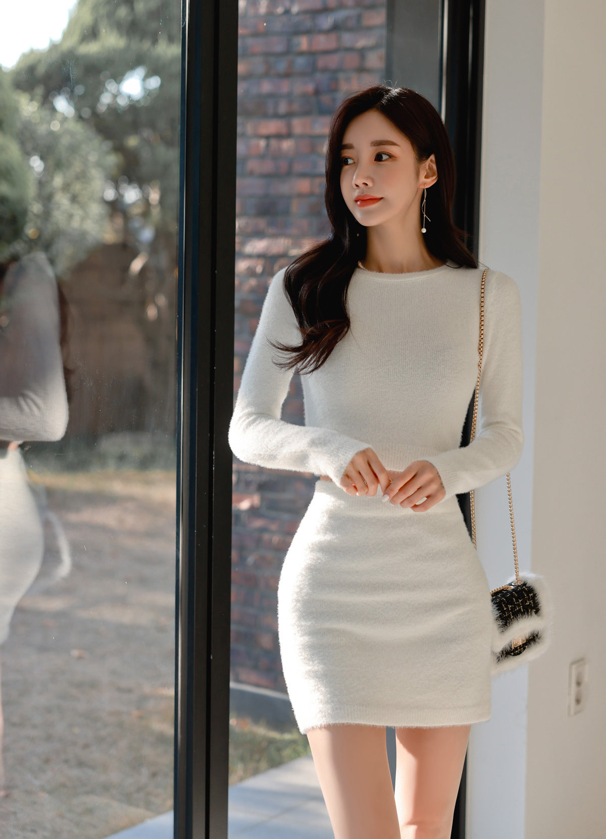 CGB8750-31B 春裝圓領長袖短針織上衣小衫+包臀短裙(2色)