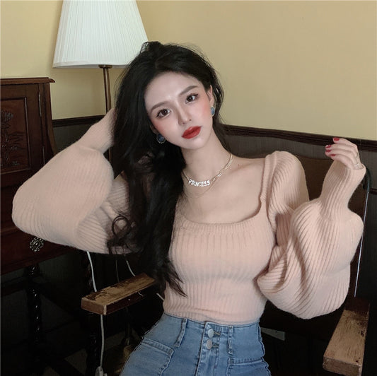 CGD3147-92B 復古氣質方領泡泡燈籠袖鎖骨坑條針織衫毛衣