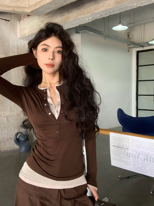 CGD7033-48B 秋季亨利領柔軟天絲羊毛打底衫上衣女修身假兩件長袖T恤(3色)
