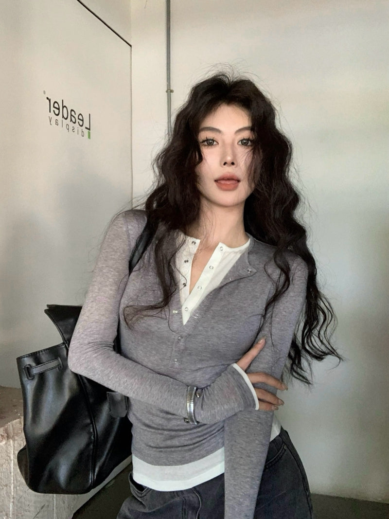 CGD7033-48B 秋季亨利領柔軟天絲羊毛打底衫上衣女修身假兩件長袖T恤(3色)