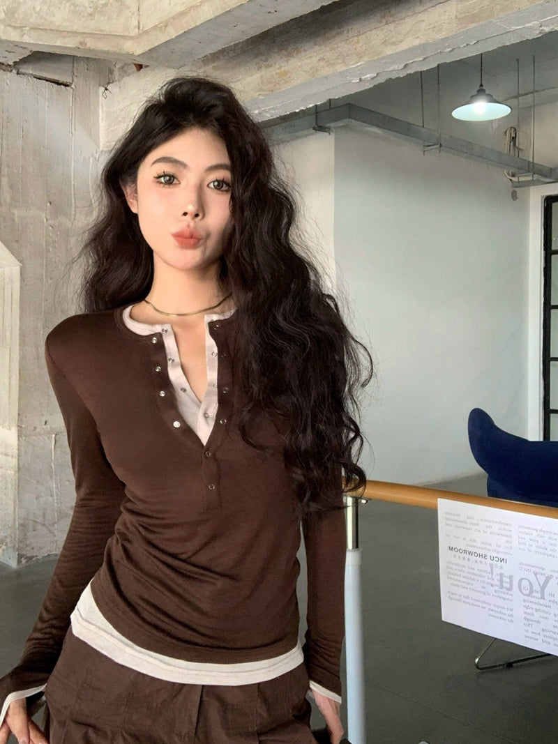 CGD7033-48B 秋季亨利領柔軟天絲羊毛打底衫上衣女修身假兩件長袖T恤(3色)
