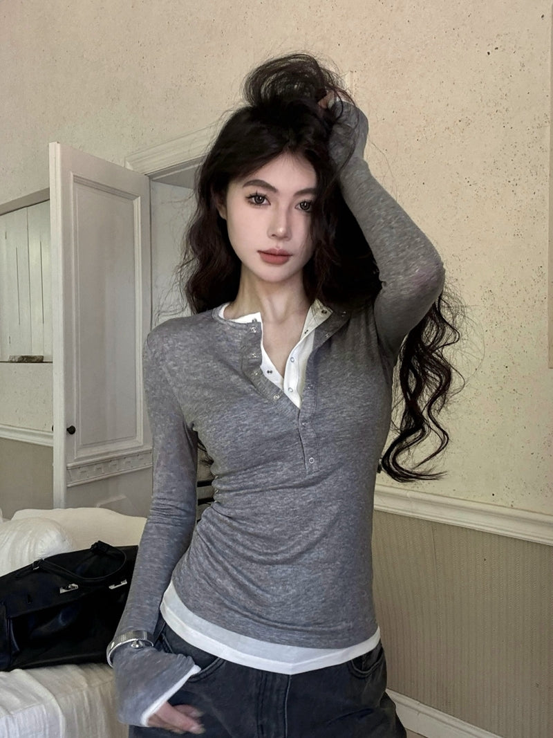 CGD7033-48B 秋季亨利領柔軟天絲羊毛打底衫上衣女修身假兩件長袖T恤(3色)
