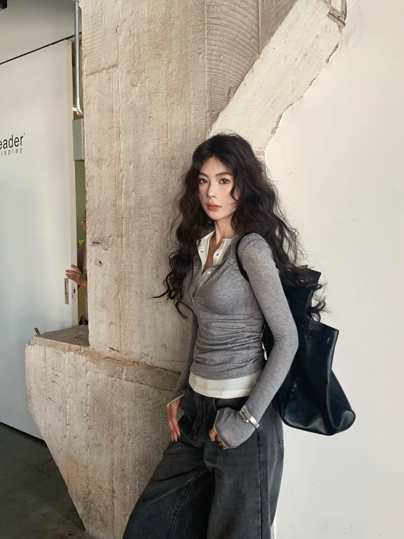 CGD7033-48B 秋季亨利領柔軟天絲羊毛打底衫上衣女修身假兩件長袖T恤(3色)