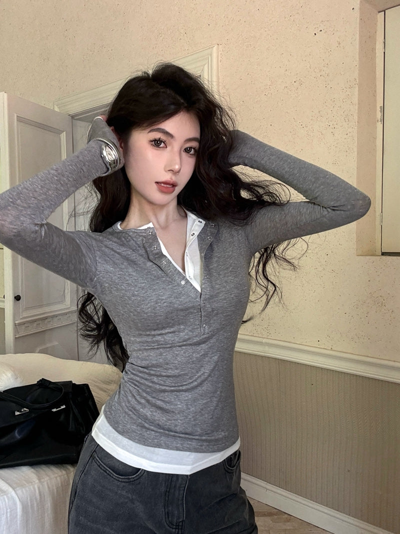 CGD7033-48B 秋季亨利領柔軟天絲羊毛打底衫上衣女修身假兩件長袖T恤(3色)