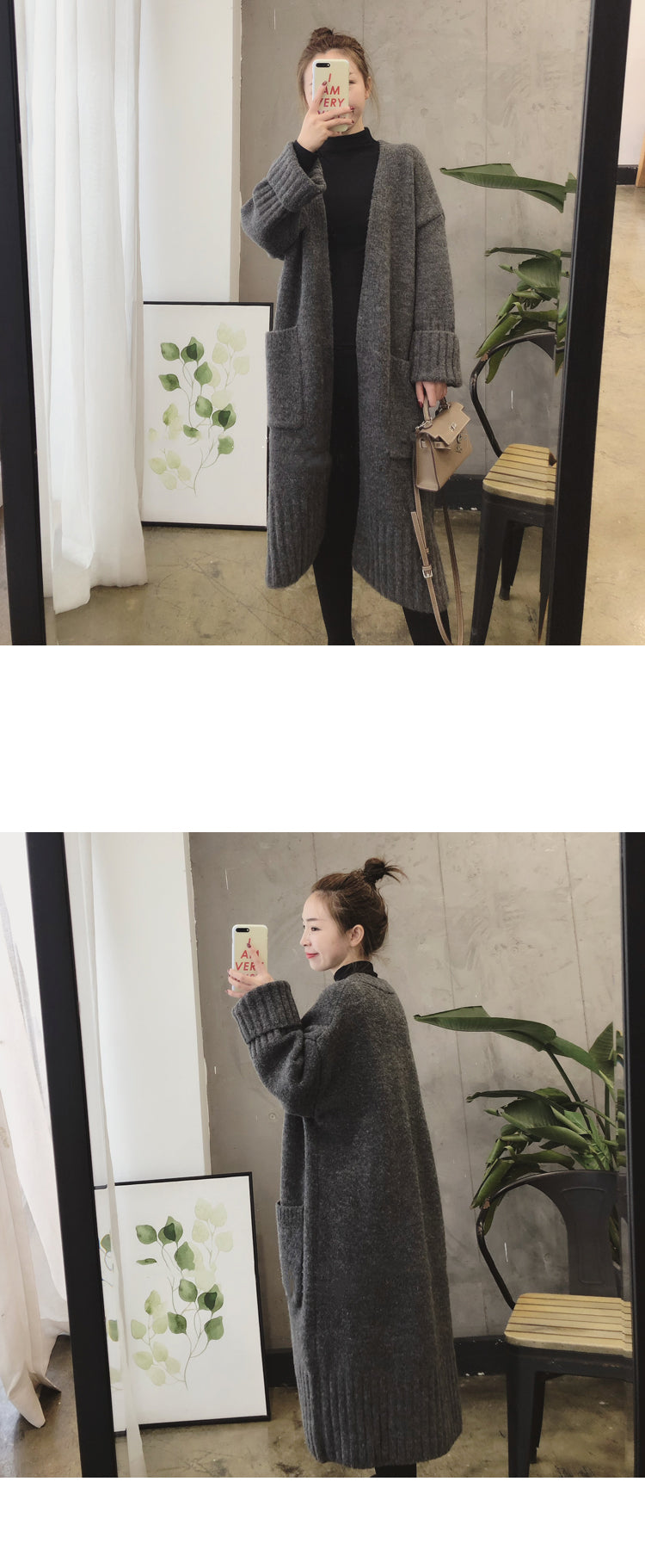 CGC657-19B 春秋寬鬆過膝中長款針織毛衣加厚開衫外套(3色)