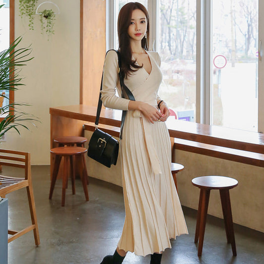 CGB8610-31B 秋冬V領系帶針織連衣裙荷葉邊A字中長裙