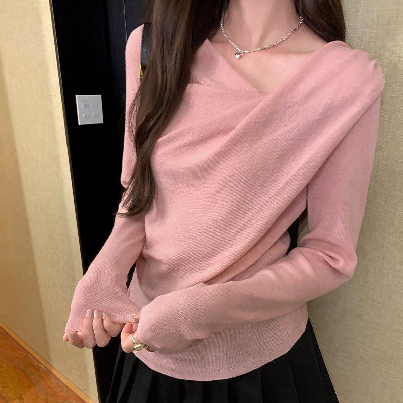 CGDM522-45B 韓系蕩領扭褶斜領V領長袖針織衫(4色)