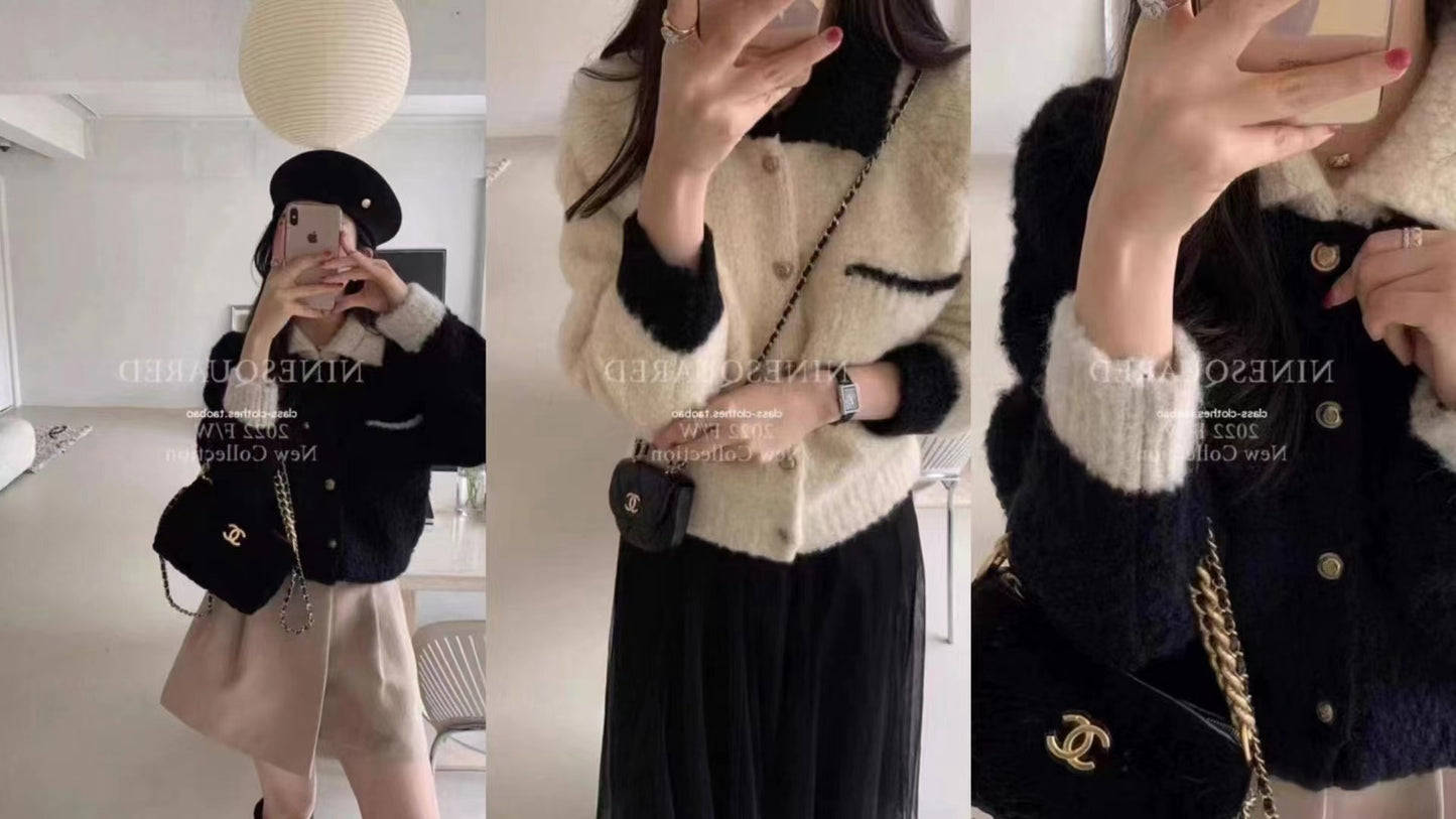 CGC7855-19B 秋冬厚軟糯短款小香風POLO翻領毛衣外套(2色)