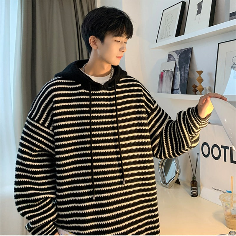 CBDD42UM-72B 條紋連帽毛衣秋冬季休閒寬鬆針織衫(2色)