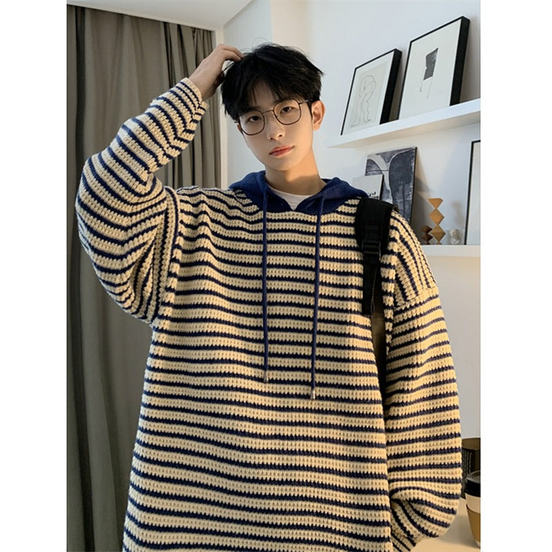 CBDD42UM-72B 條紋連帽毛衣秋冬季休閒寬鬆針織衫(2色)