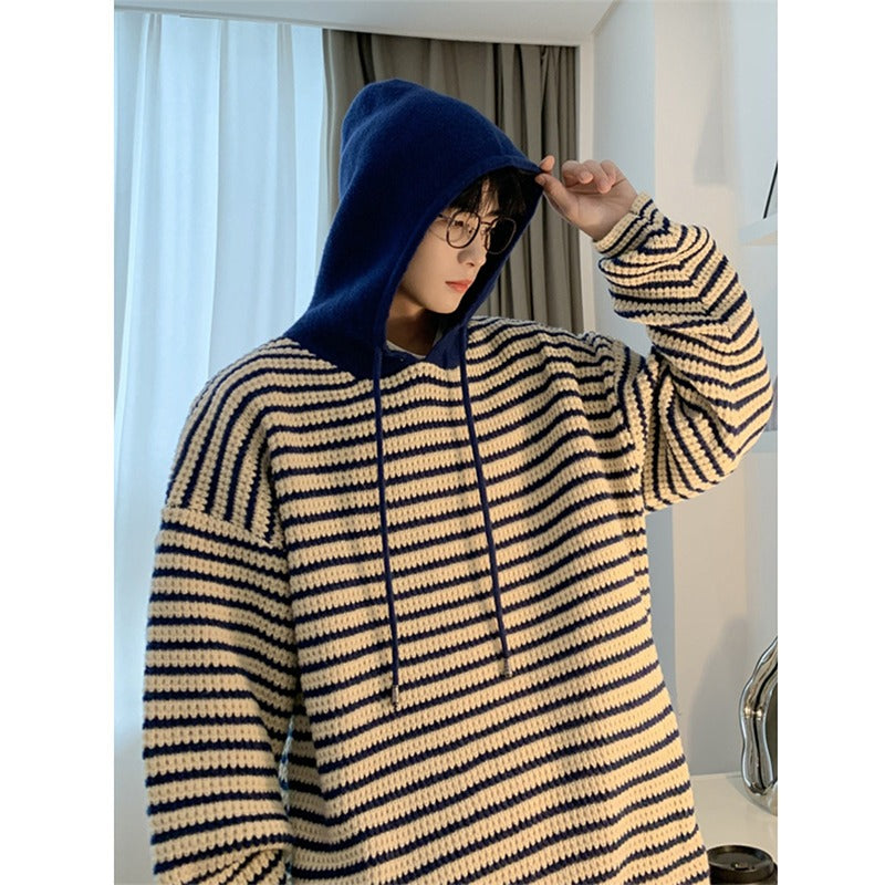 CBDD42UM-72B 條紋連帽毛衣秋冬季休閒寬鬆針織衫(2色)