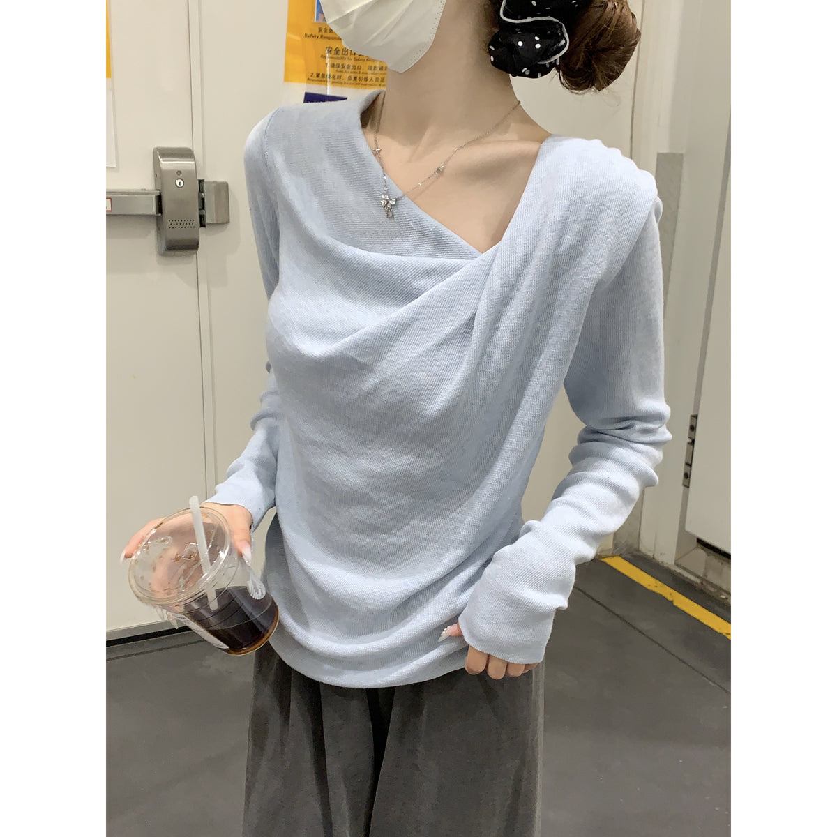 CGD20005-64B 春季蕩領修身褶皺針織衫(3色)