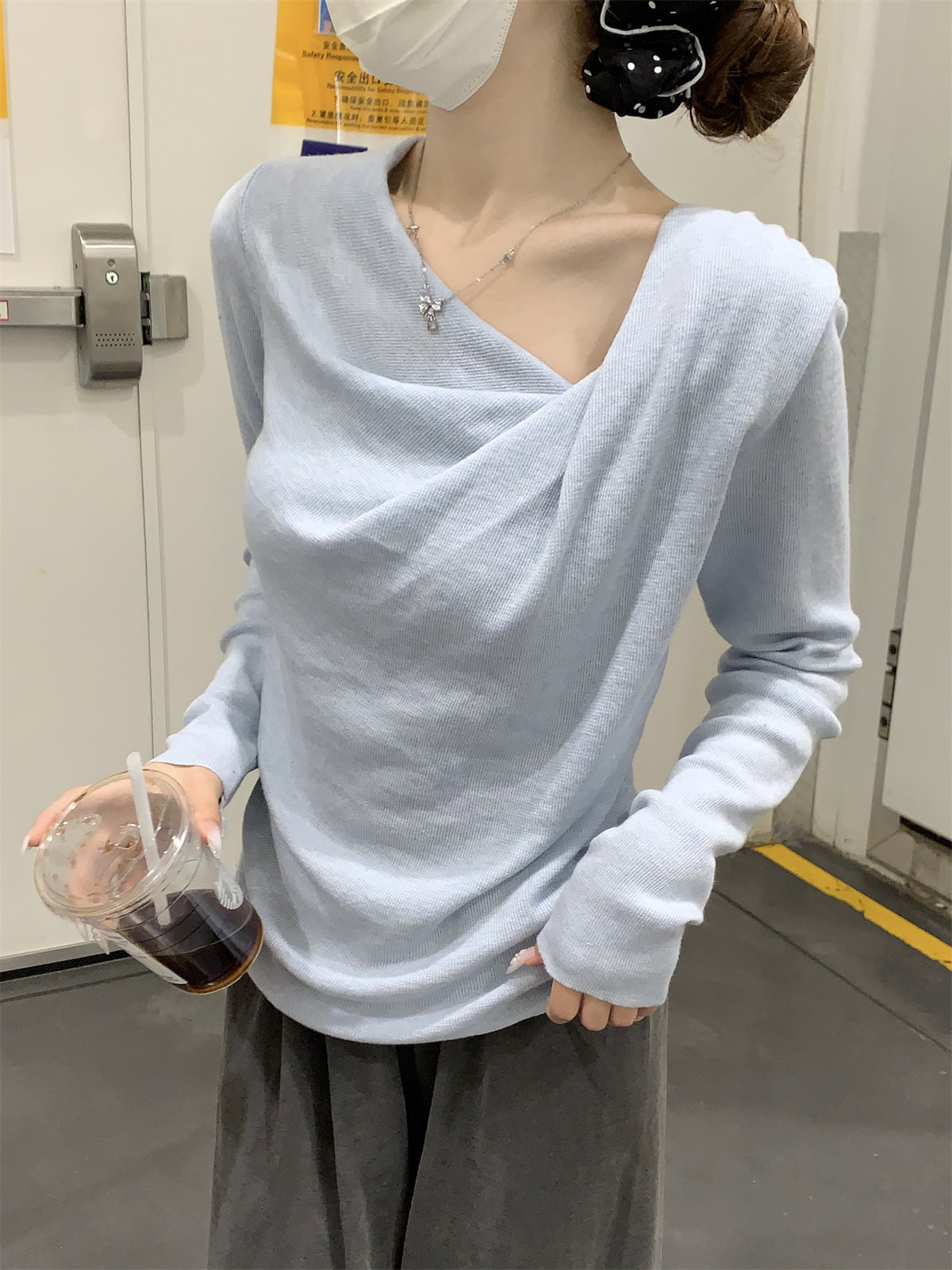 CGD20005-64B 春季蕩領修身褶皺針織衫(3色)