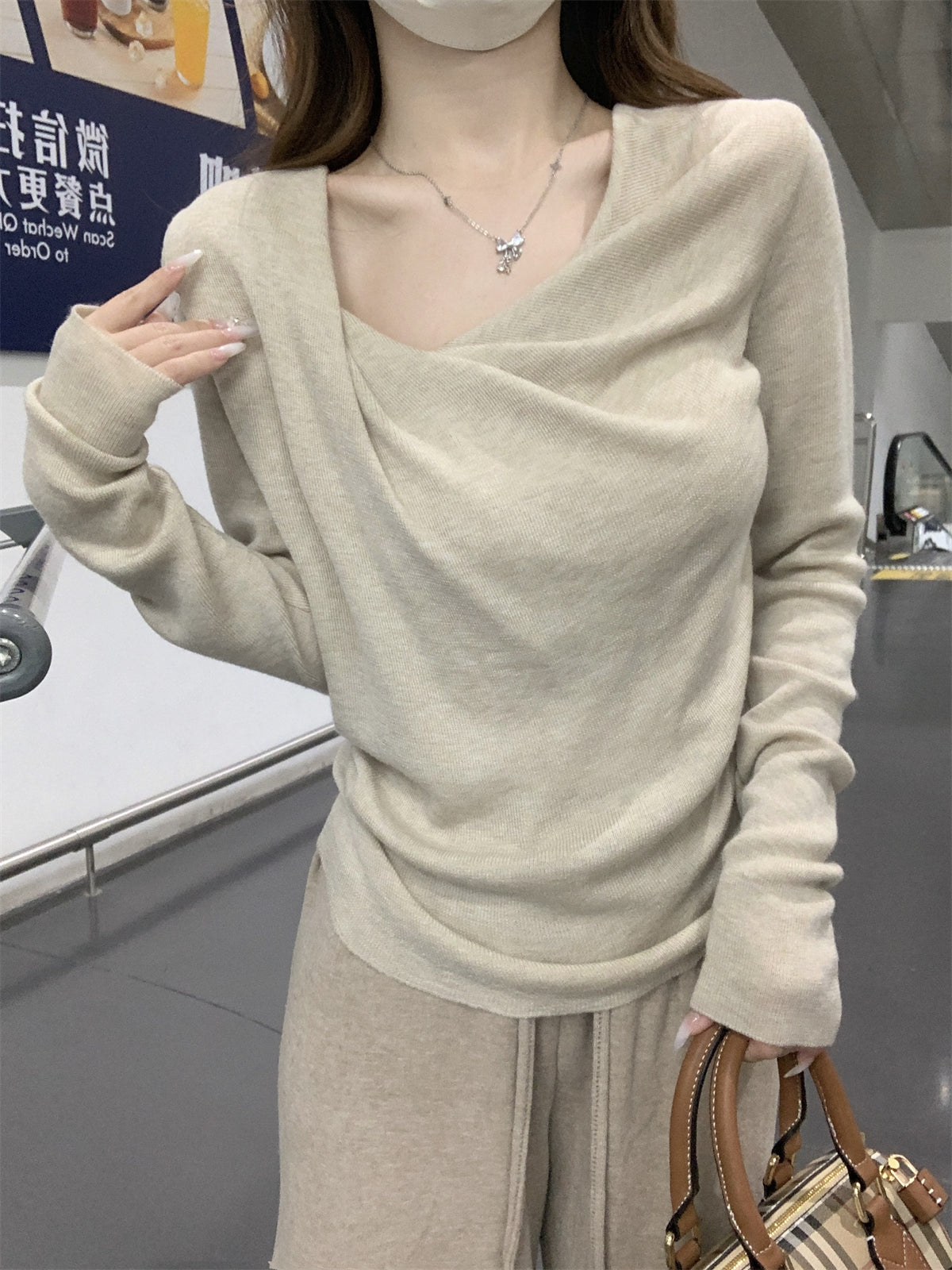 CGD20005-64B 春季蕩領修身褶皺針織衫(3色)