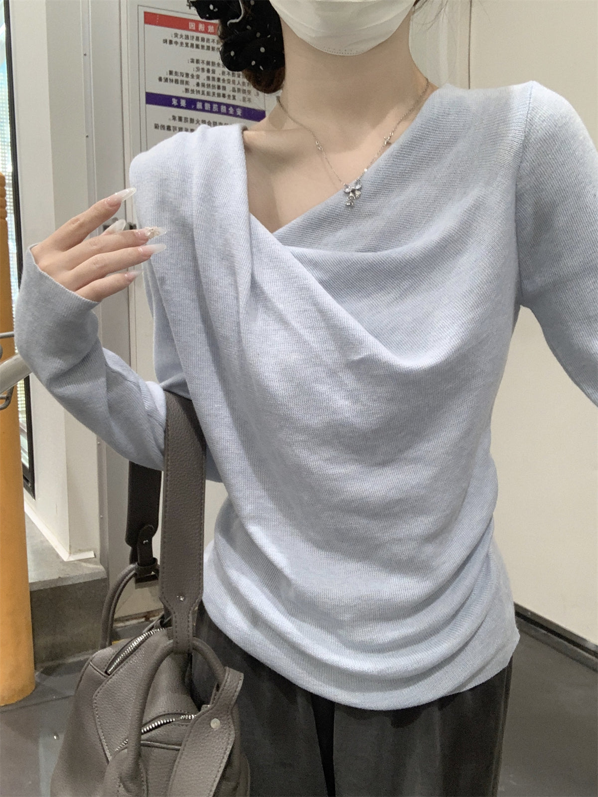 CGD20005-64B 春季蕩領修身褶皺針織衫(3色)