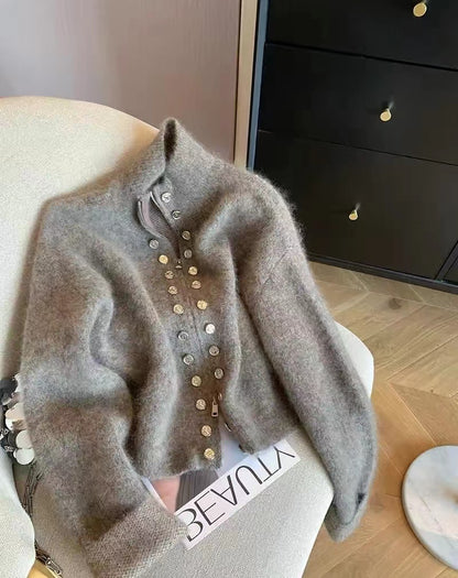 CGD61424-136B 慵懶風雙排扣立領拉鍊毛衣開衫