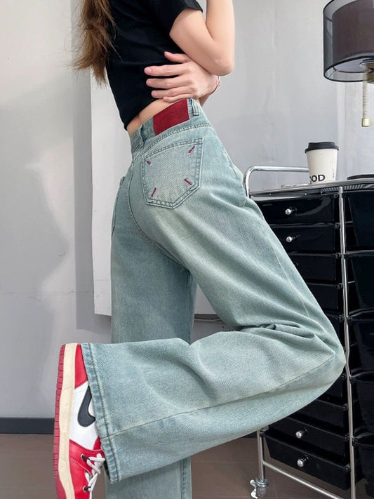 CGAX7616-27B 高腰淺色闊腿牛仔褲夏季刺繡寬鬆直筒褲