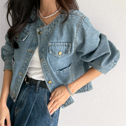 CGC6101-52B 秋冬簡約圓領口袋水洗牛仔外套(2色)