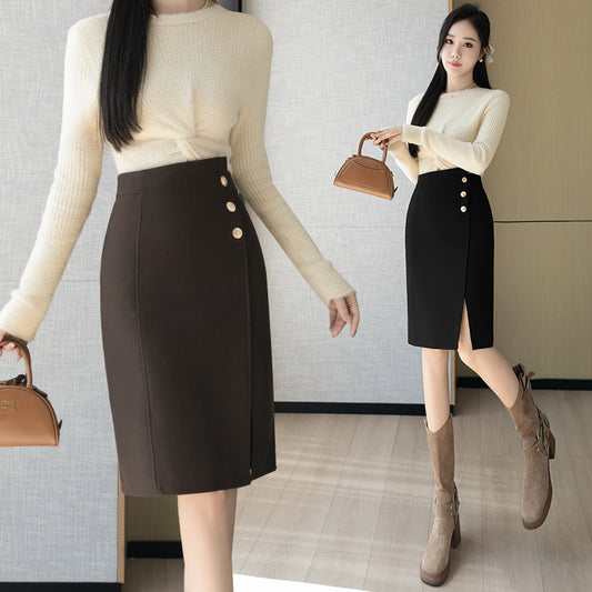 CGS8491-51B 不規則毛呢半身裙秋冬A字裙開叉呢子包臀中裙(2色)